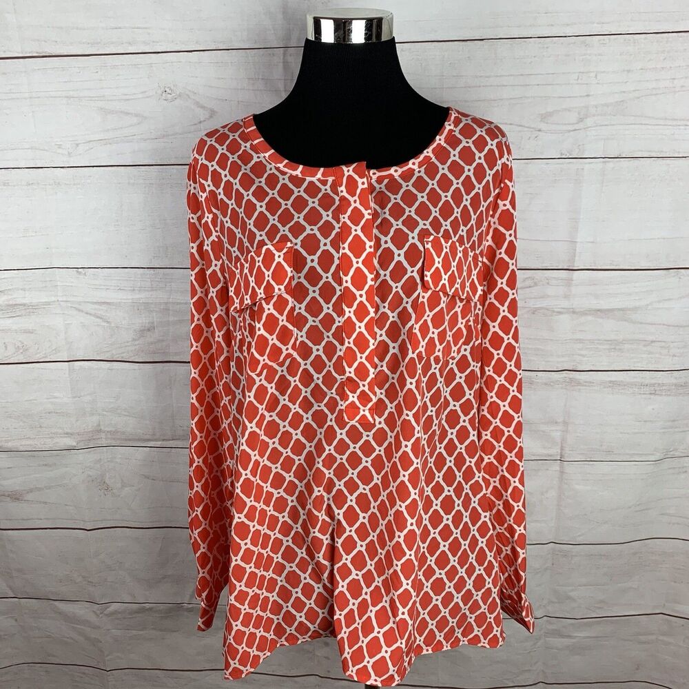Gap Long-sleeved blouse tunic large 10 8 Buttons orange white work pocket geo